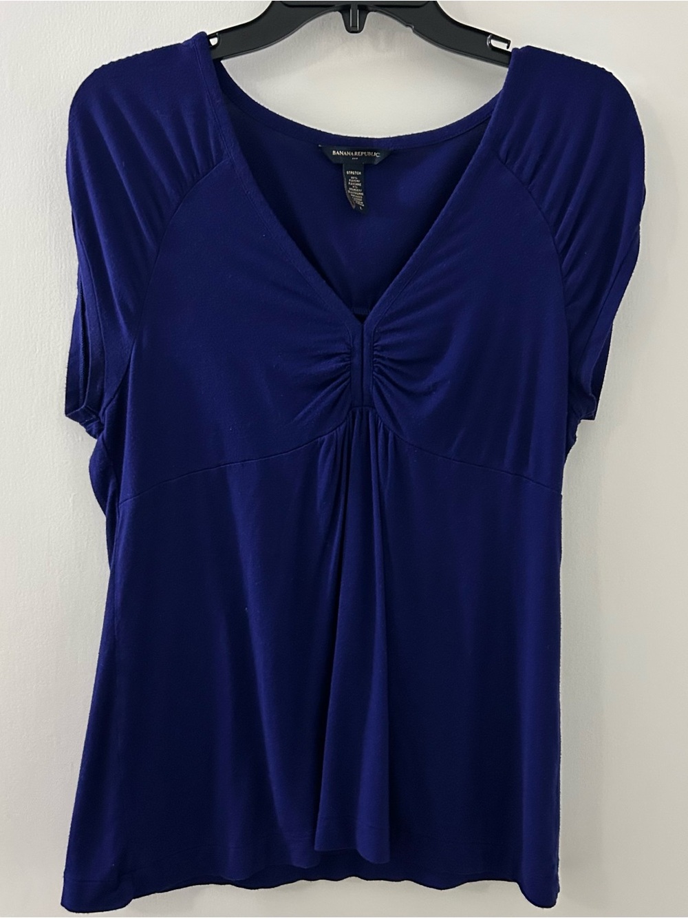 Banana Republic Women's Deep Royal Blue V-Neck Gathered Front Short Sleeve Top